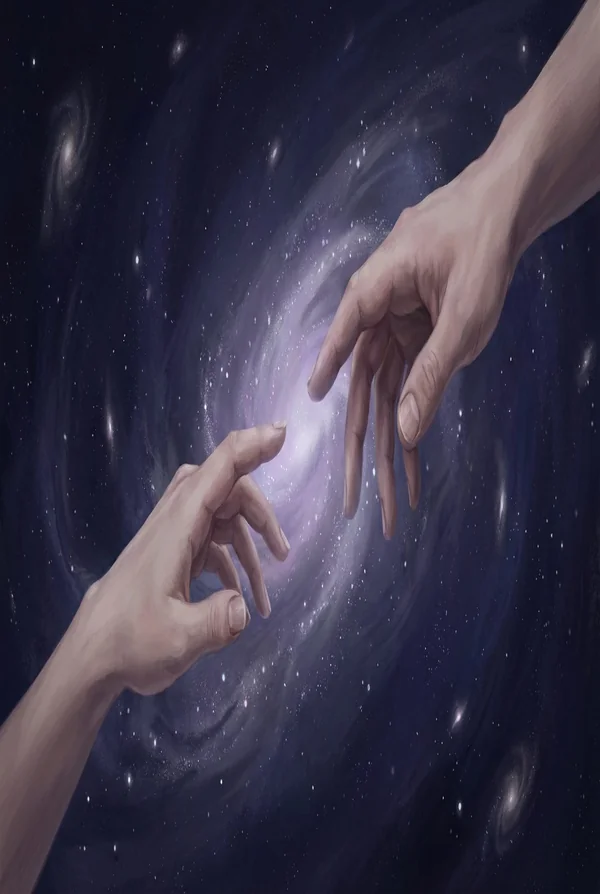 Two glowing figures reaching toward each other representing Life Path 2 connection and harmony